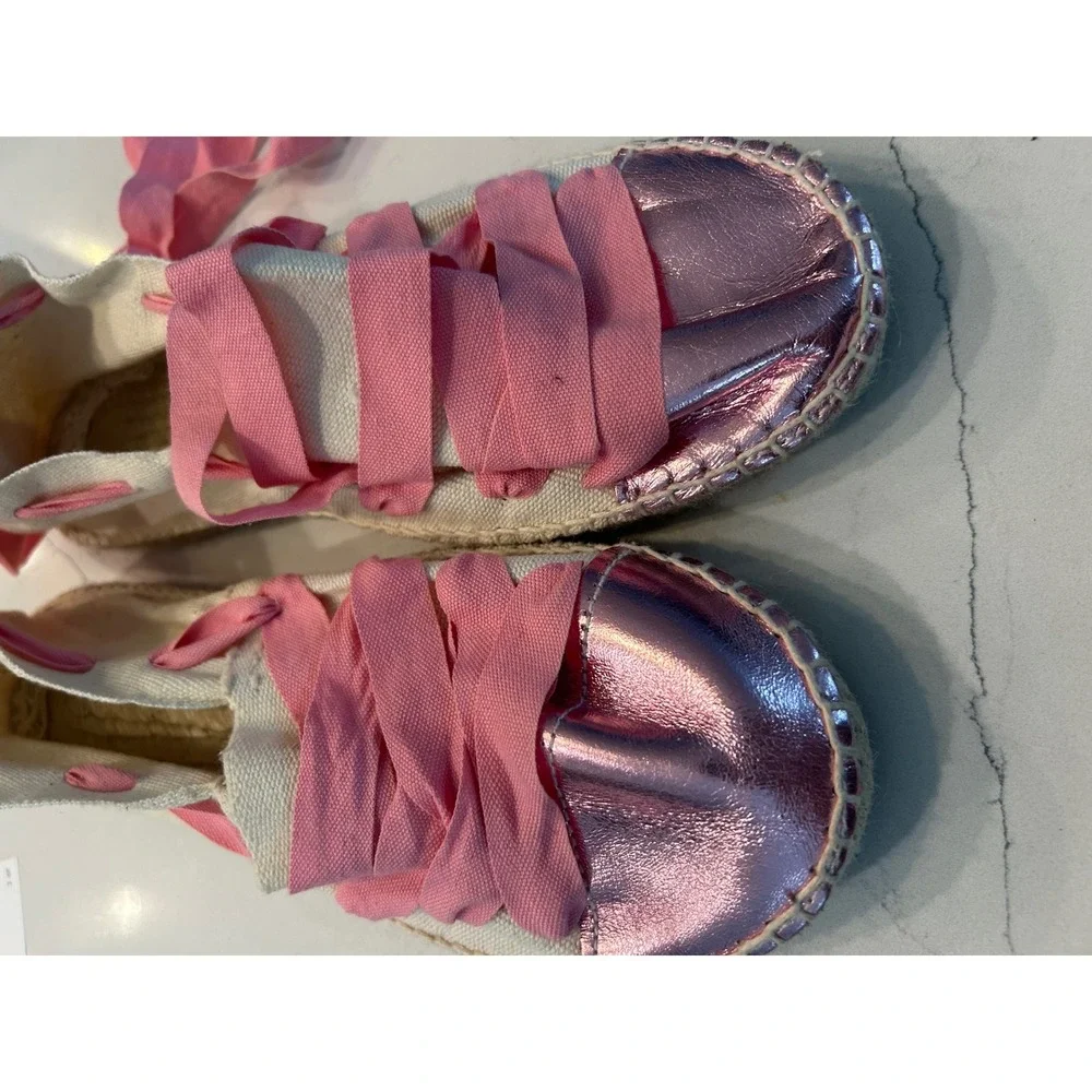 Cousu Main Espadrille Flats Pink Metallic Cap Toe Ribbon Lace Up Shoes 40